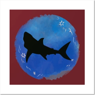 watercolor with shark silhouette Posters and Art